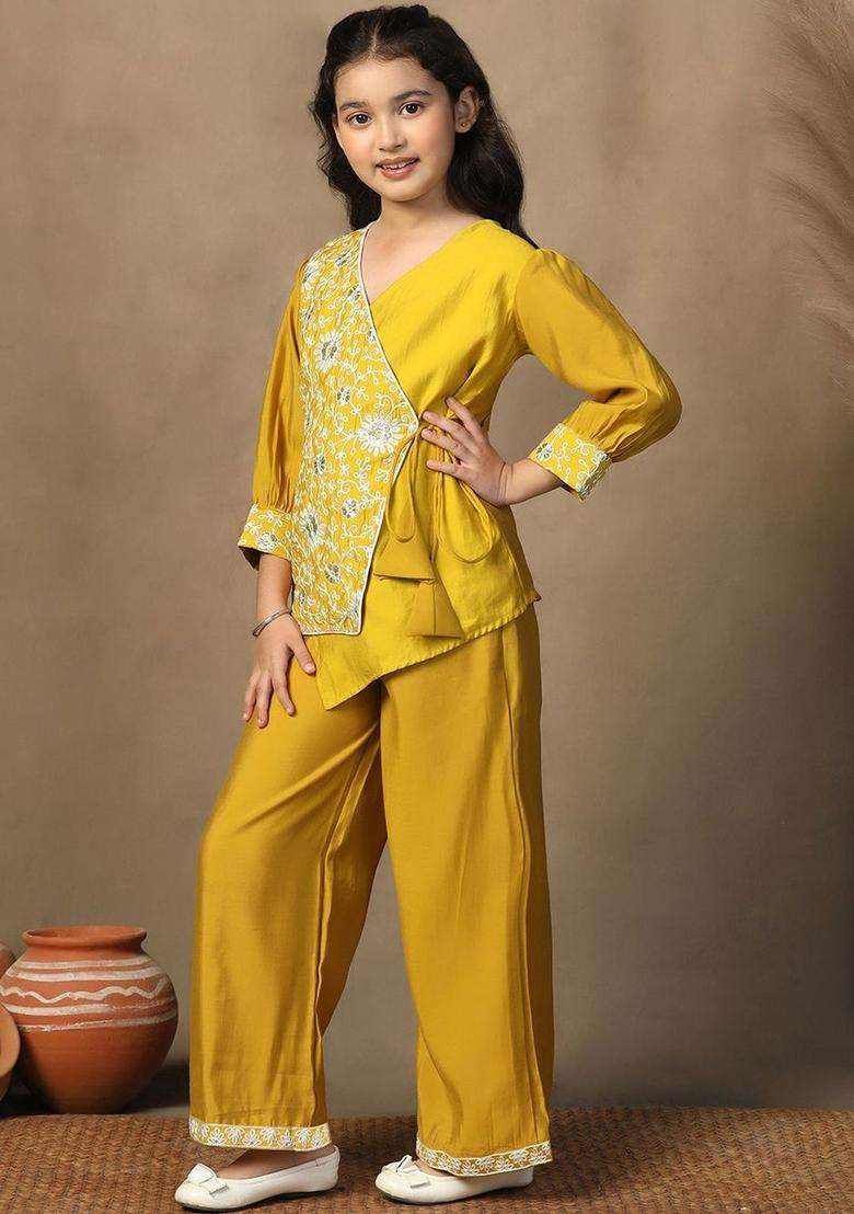 Yellow Embroidered Silk Kurta Set For Girls - Indya