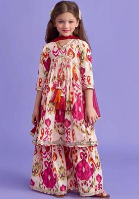 Off White Printed Polyester Kurta Set For Girls
