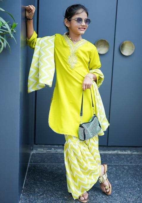 Lime Green Embroidered Viscose Kurta Set For Girls — view on Indya