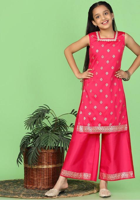 Red Printed Satin Kurta Set For Girls — view on Indya