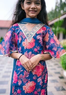 Teal Printed Organza Kurta Set For Girls