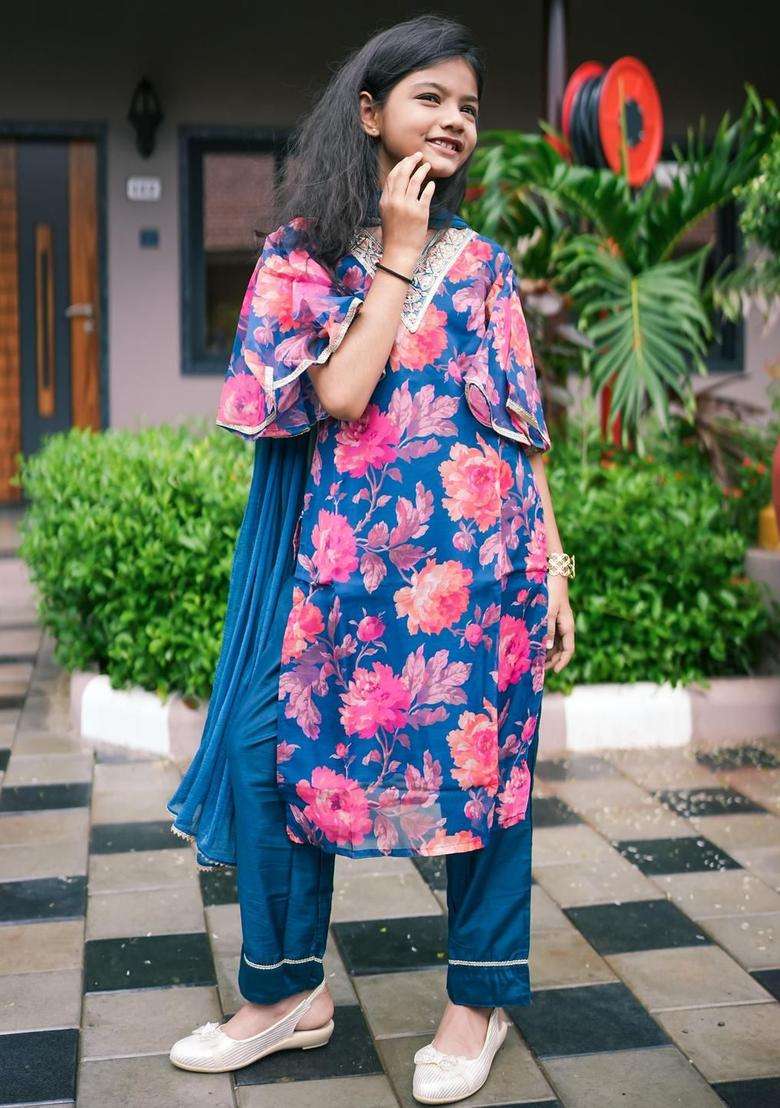 Teal Printed Organza Kurta Set For Girls - Indya