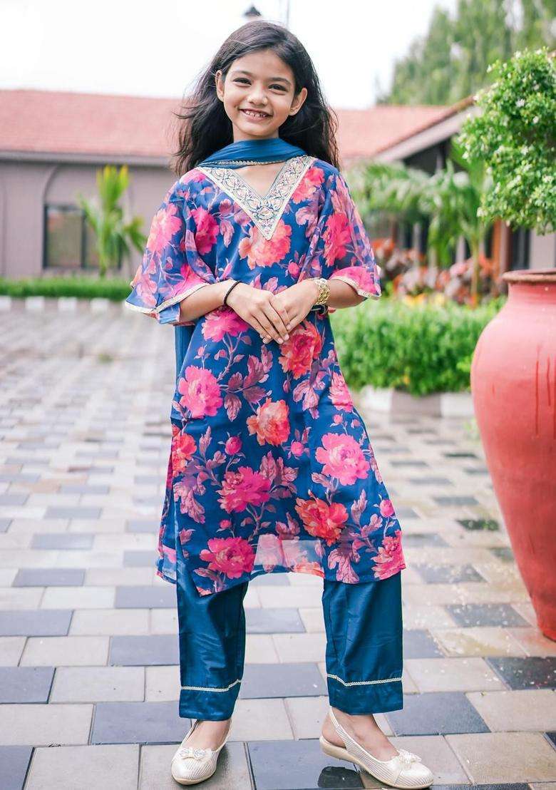 Teal Printed Organza Kurta Set For Girls - Indya