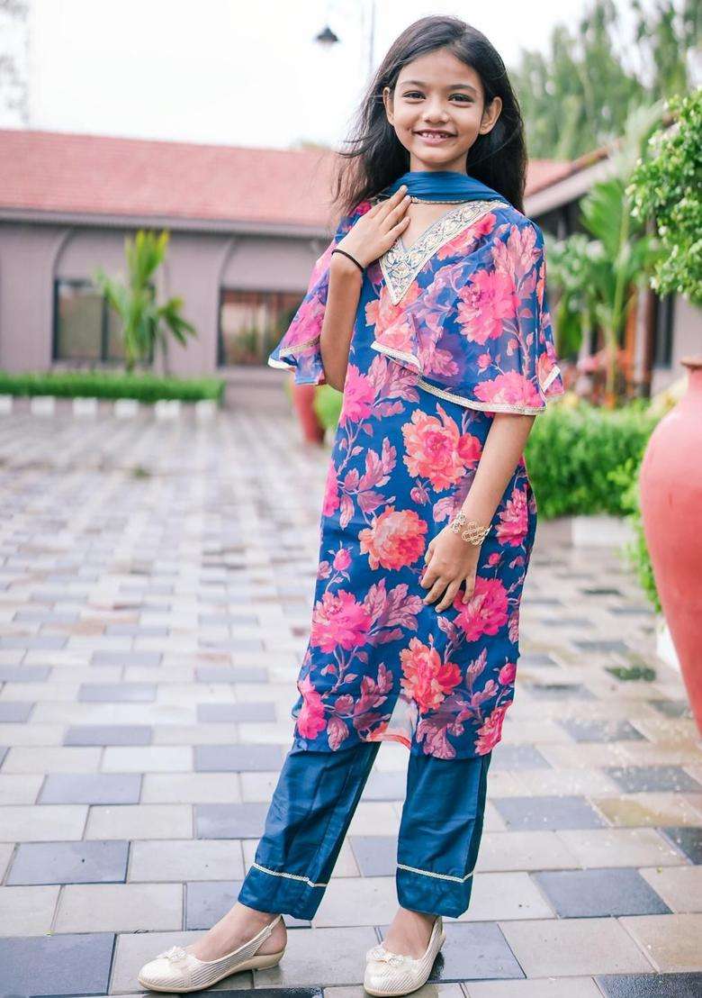 Teal Printed Organza Kurta Set For Girls - Indya