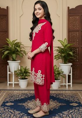 Red Embroidered Georgette Kurta Set For Girls
