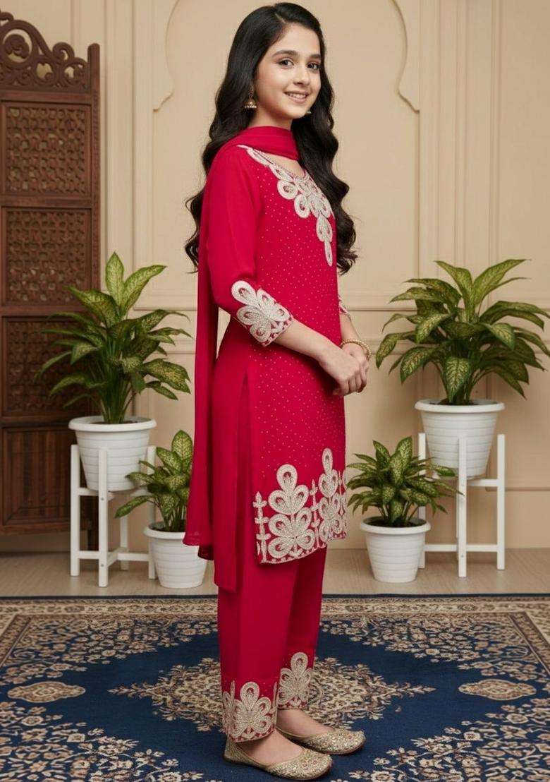 Red Embroidered Georgette Kurta Set For Girls - Indya