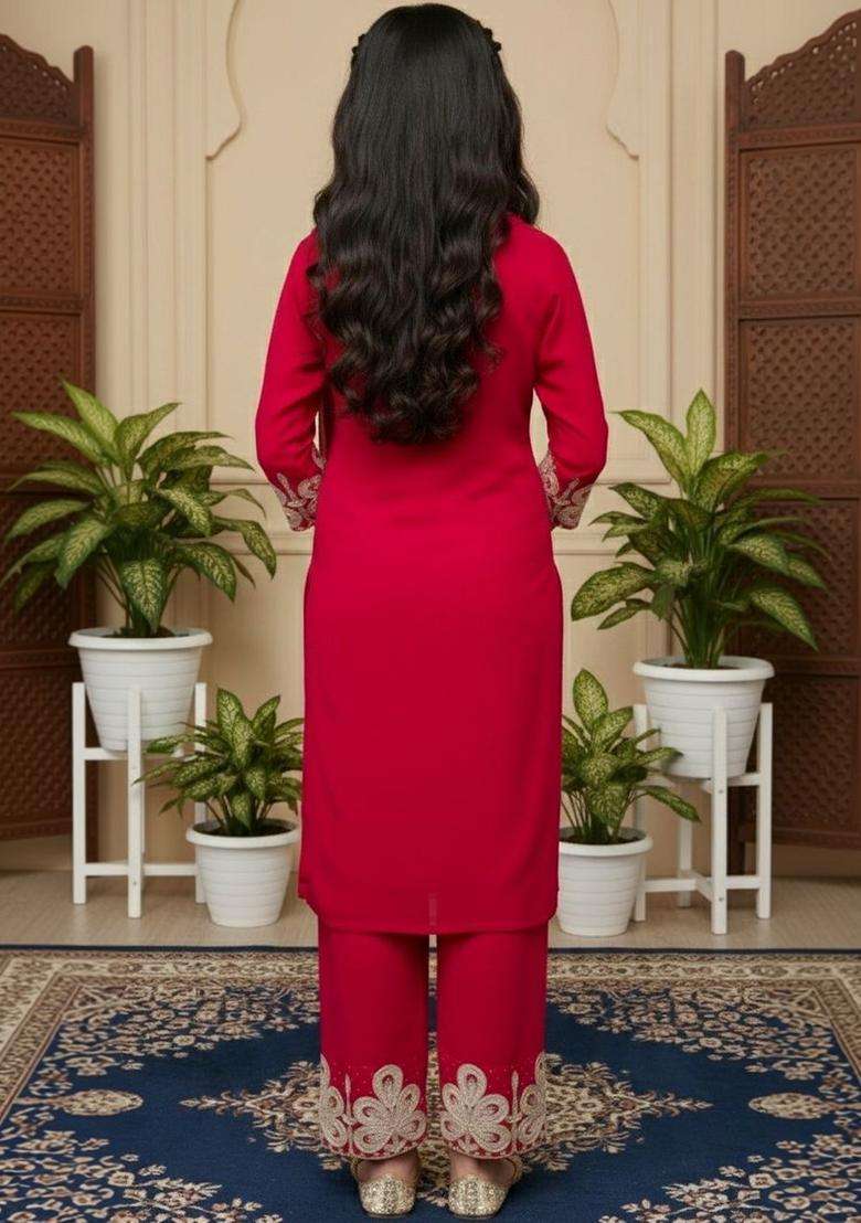 Red Embroidered Georgette Kurta Set For Girls - Indya