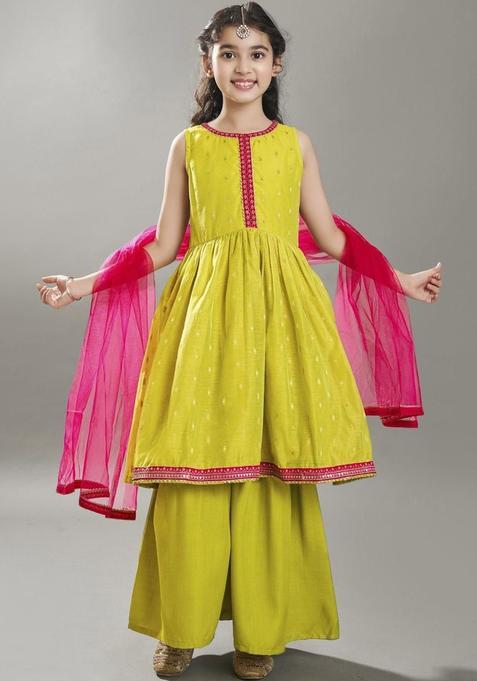 Green Woven Design Silk Anarkali Kurta Set For Girls — view on Indya