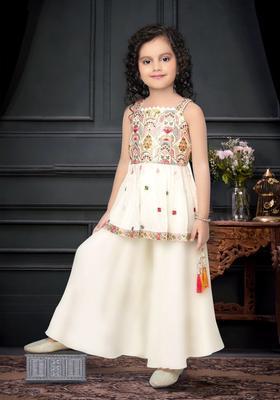 White Embroidered Crepe Kurta Set For Girls