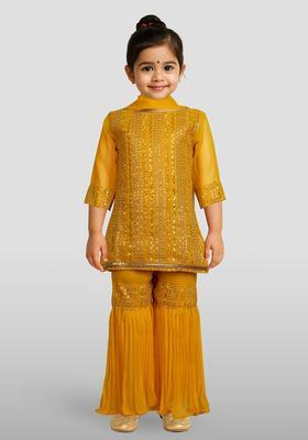 Yellow Embroidered Georgette Kurta Set For Girls
