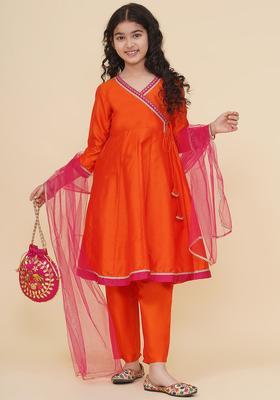Orange Yoke Design Silk Kurta Set For Girls