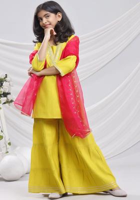 Yellow Solid Silk Kurta Set For Girls
