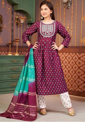 Maroon Printed Viscose Kurta Set For Girls