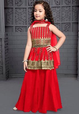 Red Embroidered Crepe Anarkali Kurta Set For Girls