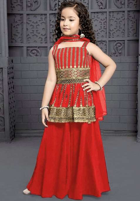 Red Embroidered Crepe Anarkali Kurta Set For Girls