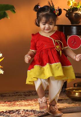 Red Embroidered Silk Kurta Set For Girls
