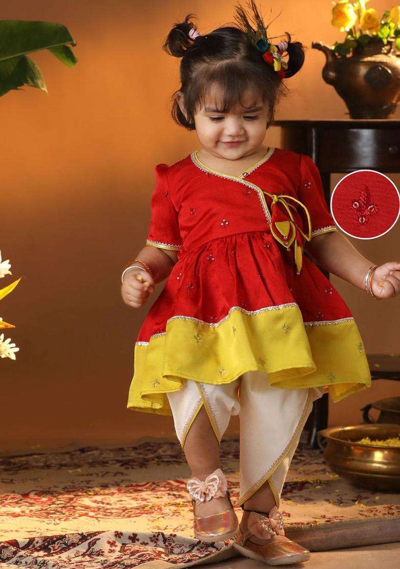 Red Embroidered Silk Kurta Set For Girls - Indya