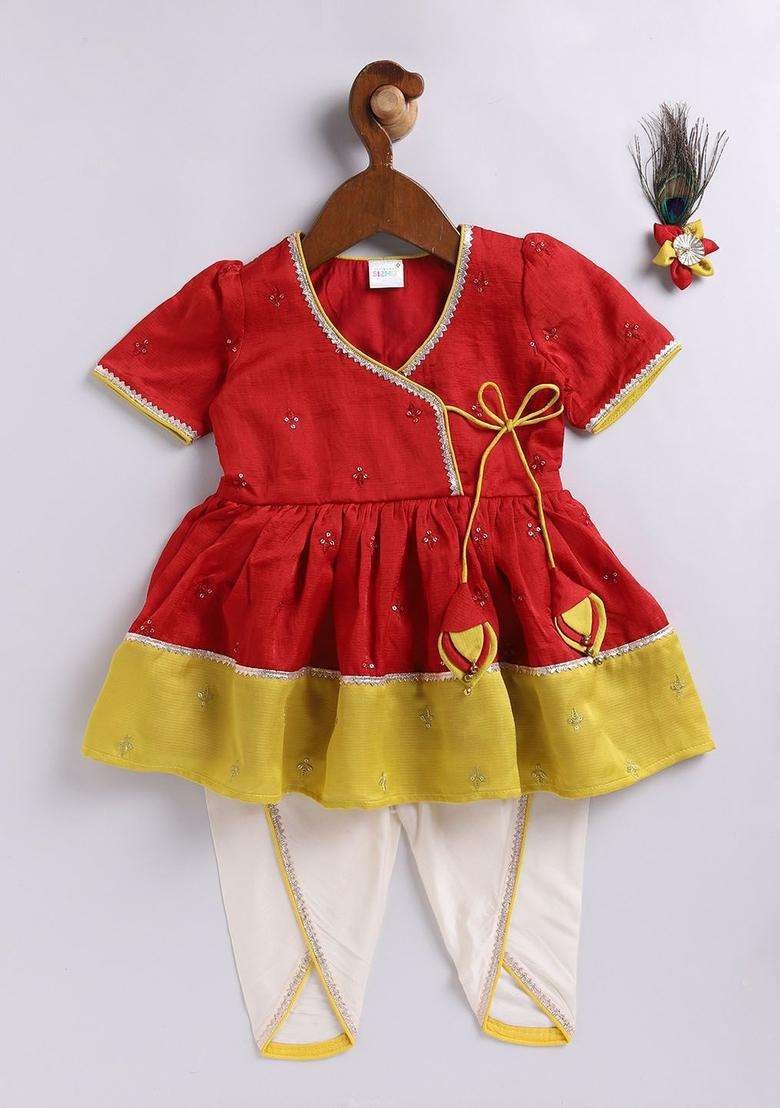 Red Embroidered Silk Kurta Set For Girls - Indya
