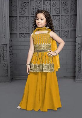 Yellow Embroidered Georgette Kurta Set For Girls
