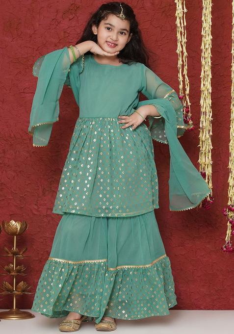 Green Printed Georgette Anarkali Kurta Set For Girls — view on Indya