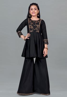 Black Printed Cotton Kurta Set For Girls