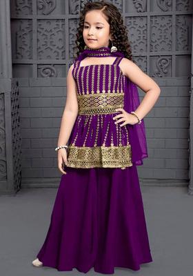 Purple Embroidered Crepe Anarkali Kurta Set For Girls
