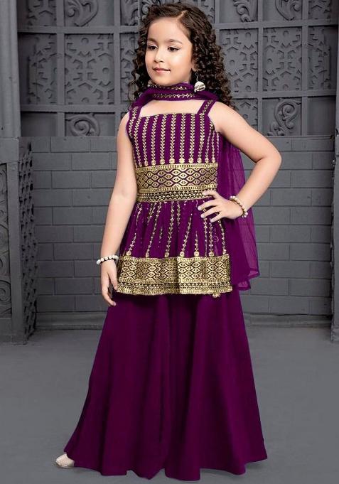 Purple Embroidered Crepe Anarkali Kurta Set For Girls