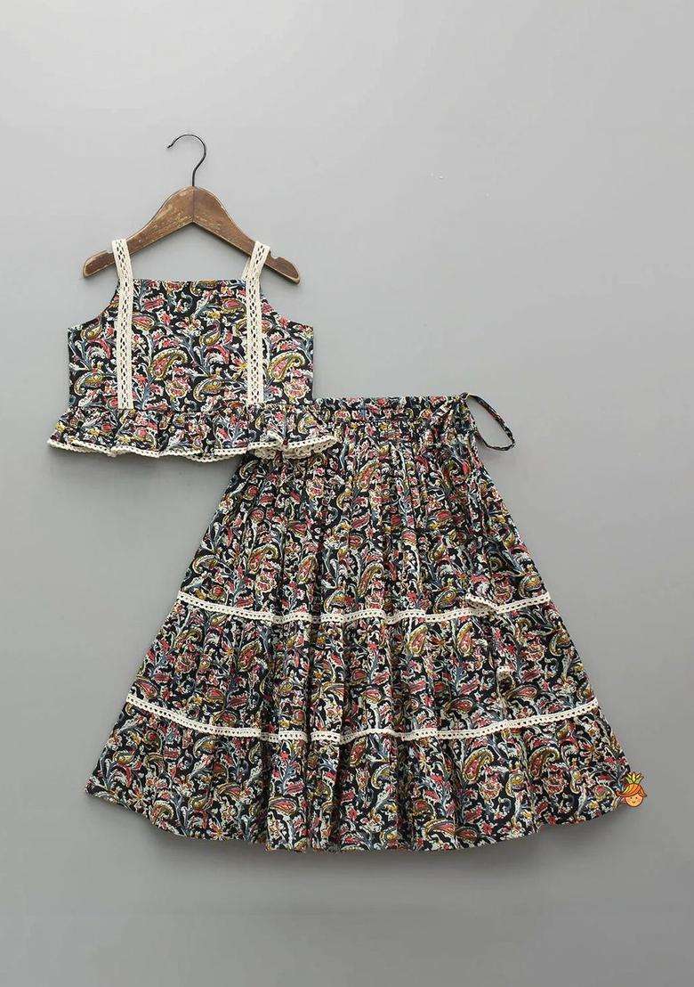 Multi Printed Silk Kurta Set For Girls - Indya