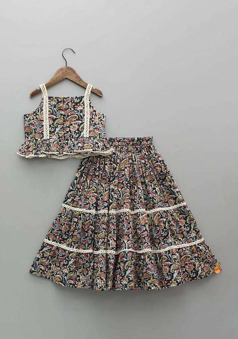 Multi Printed Silk Kurta Set For Girls - Indya