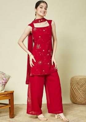 Red Embroidered Georgette Kurta Set For Girls
