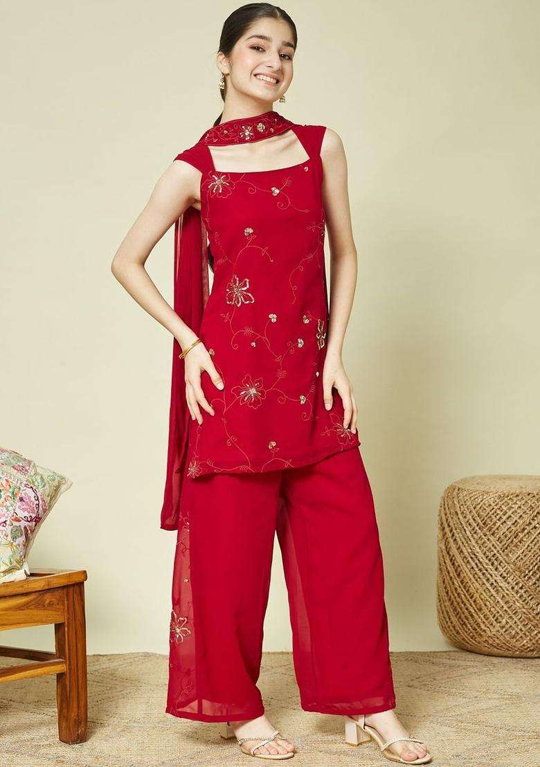 Red Embroidered Georgette Kurta Set For Girls - Indya