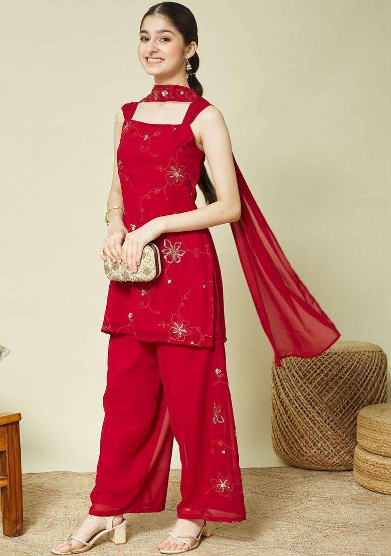 Red Embroidered Georgette Kurta Set For Girls - Indya