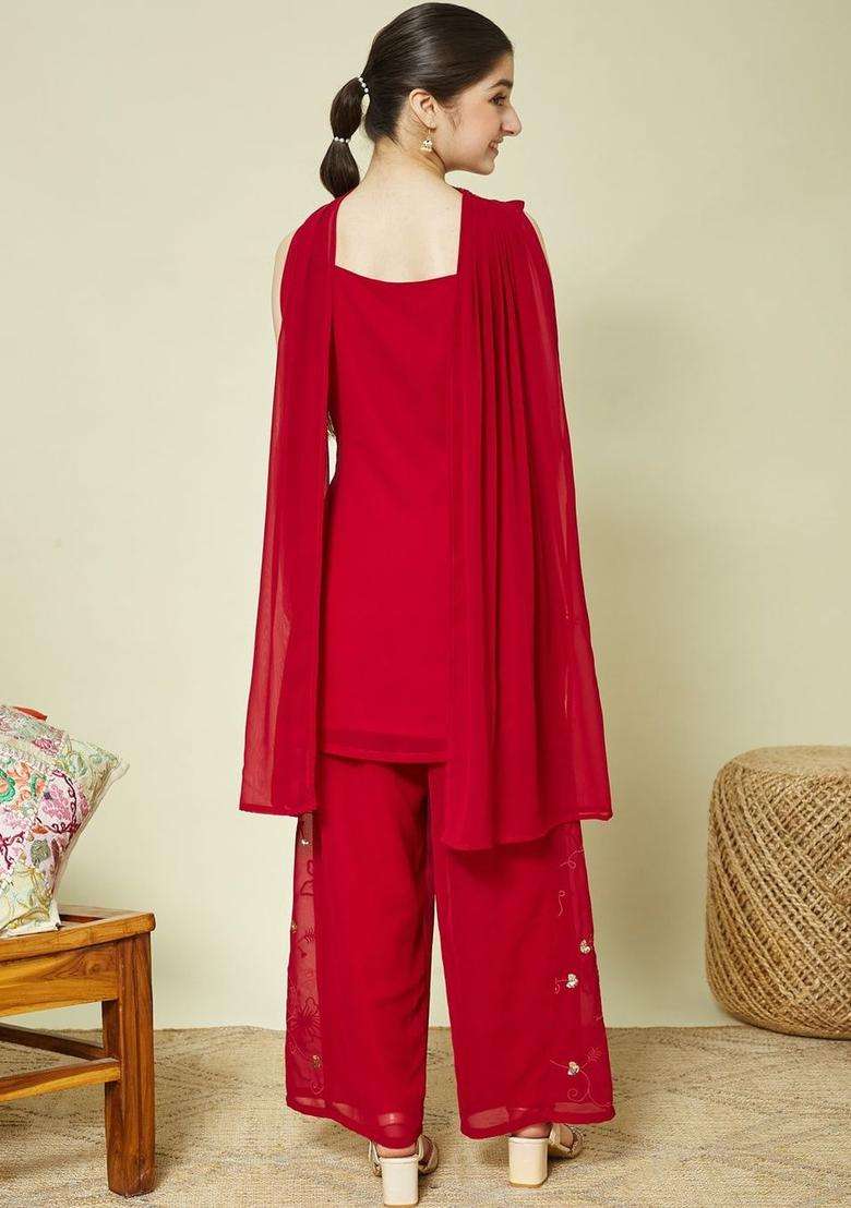 Red Embroidered Georgette Kurta Set For Girls - Indya