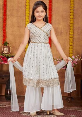 Cream Embroidered Georgette Anarkali Kurta Set For Girls