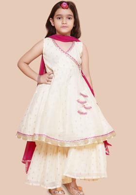 Cream Woven Design Silk Anarkali Kurta Set For Girls