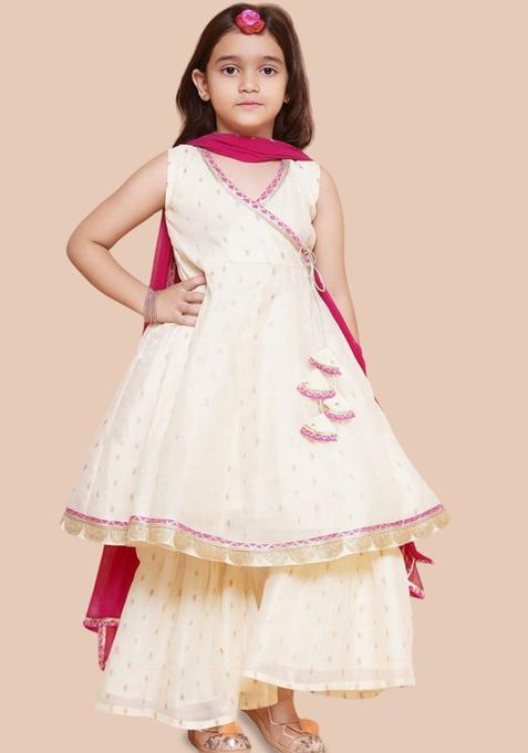 Cream Woven Design Silk Anarkali Kurta Set For Girls — view on Indya