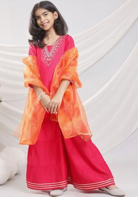Red Embroidered Silk Kurta Set For Girls