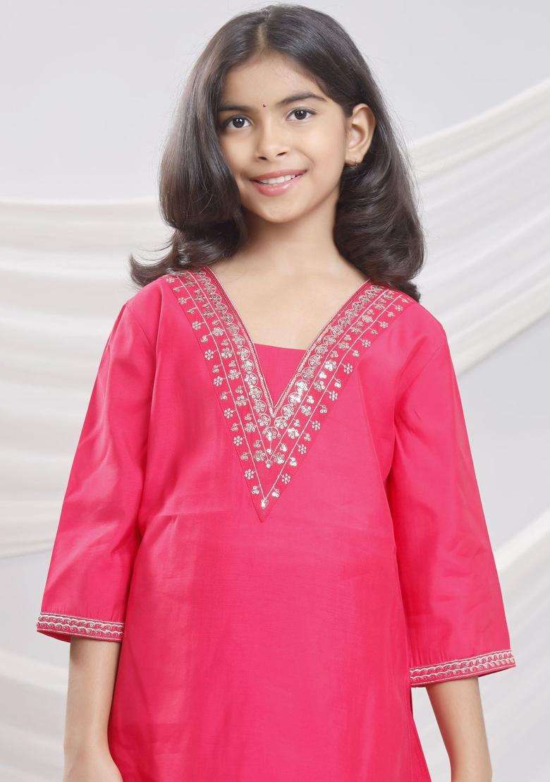 Red Embroidered Silk Kurta Set For Girls - Indya