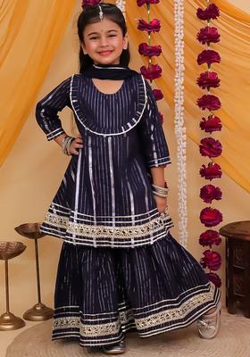 Navy Blue Striped Cotton Kurta Set For Girls