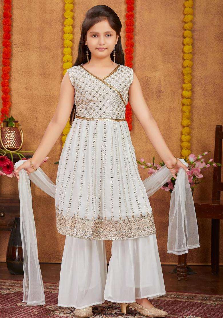 Cream  Georgette Kurta Set For Girls - Indya