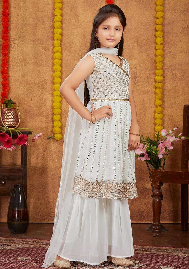 Cream  Georgette Kurta Set For Girls - Indya