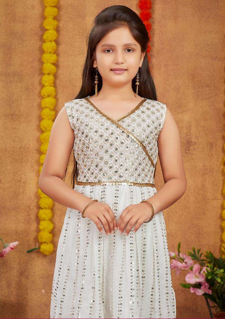Cream  Georgette Kurta Set For Girls - Indya