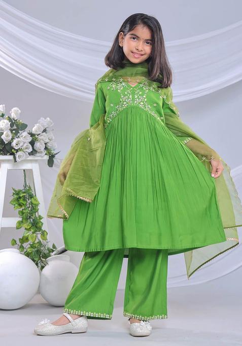 Green Embroidered Silk Anarkali Kurta Set For Girls — view on Indya