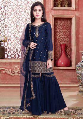 Navy Blue Embroidered Georgette Kurta Set For Girls