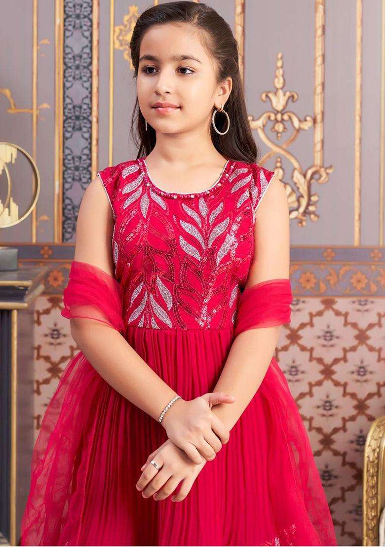 Pink Yoke Design Georgette Anarkali Kurta Set For Girls - Indya