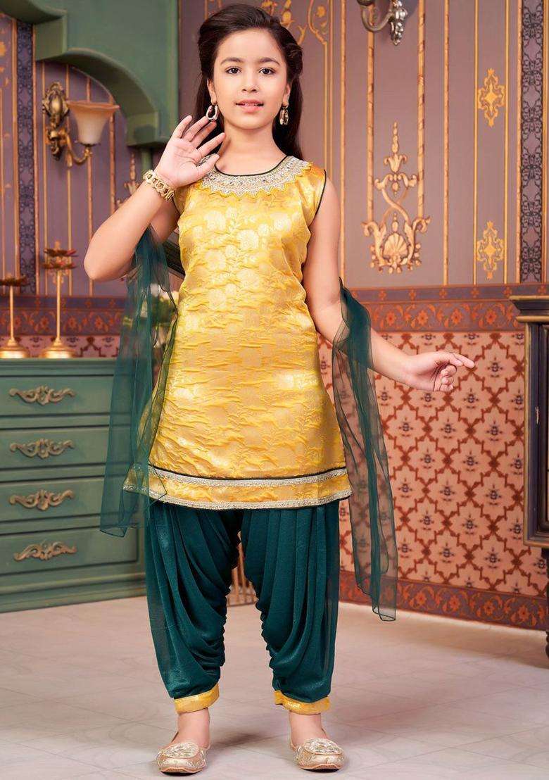 Yellow Embroidered Silk Kurta Set For Girls - Indya