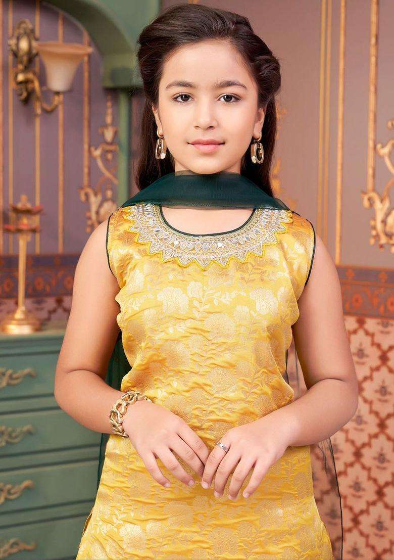 Yellow Embroidered Silk Kurta Set For Girls - Indya