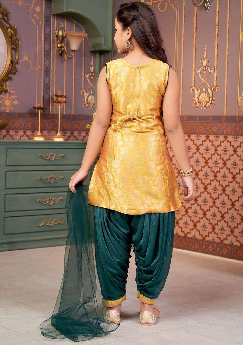 Yellow Embroidered Silk Kurta Set For Girls - Indya