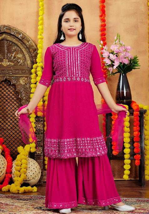 Pink Georgette Kurta Set For Girls — view on Indya
