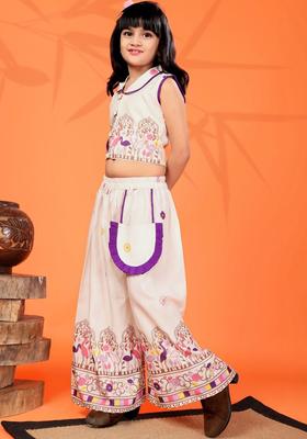 Off White Printed Cotton Kurta Set For Girls